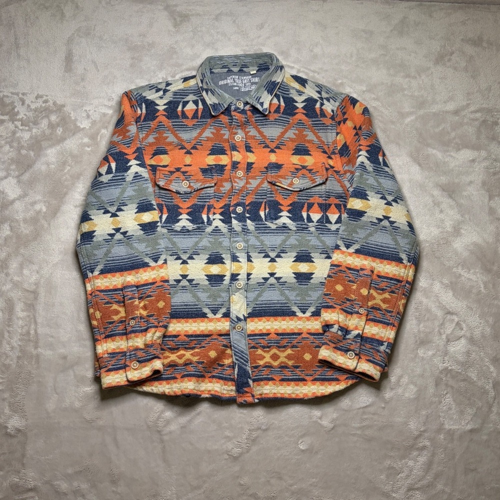 True Grit Shirt Jacket Mens L Aztec Chimayo Indigo Button Up Western Shacket